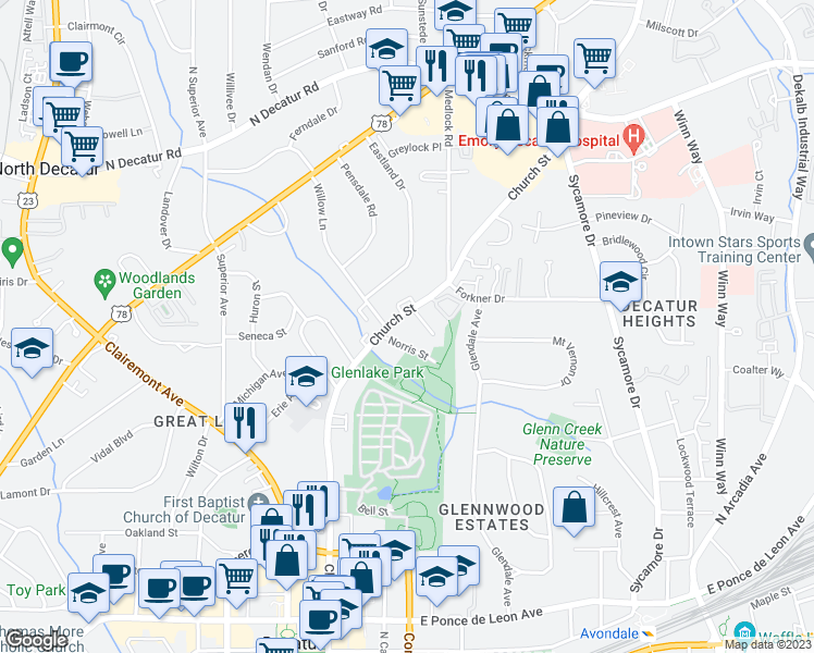 map of restaurants, bars, coffee shops, grocery stores, and more near 1179 Church Street in Decatur