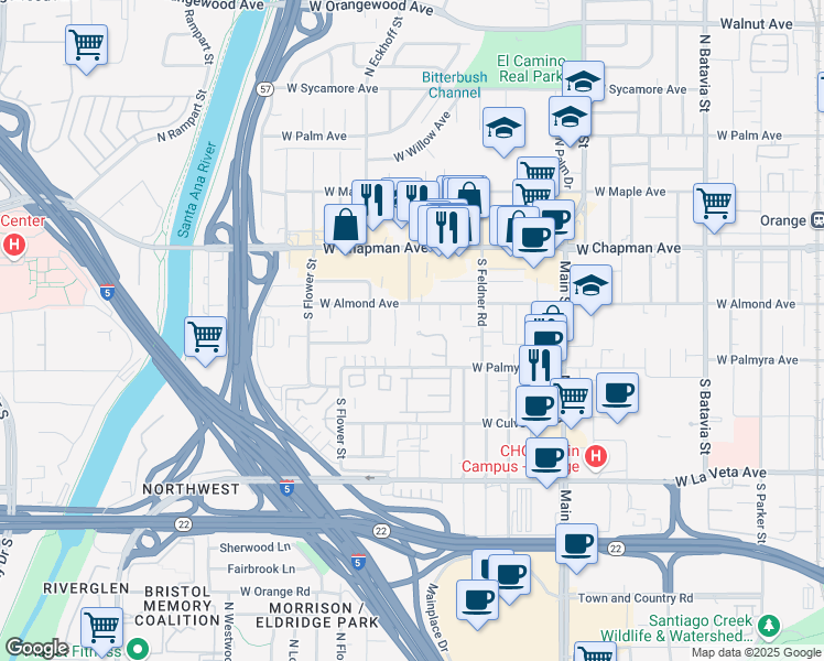 map of restaurants, bars, coffee shops, grocery stores, and more near 1917 West Las Palmas Circle in Orange