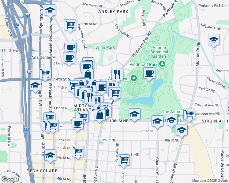 map of restaurants, bars, coffee shops, grocery stores, and more near 1116 Piedmont Avenue Northeast in Atlanta