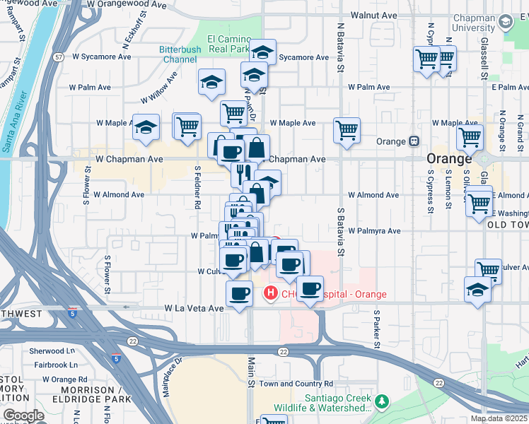 map of restaurants, bars, coffee shops, grocery stores, and more near 246 South Bush Street in Orange