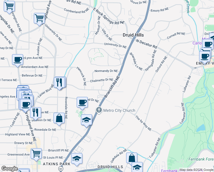 map of restaurants, bars, coffee shops, grocery stores, and more near 1086 Briarcliff Road Northeast in Atlanta