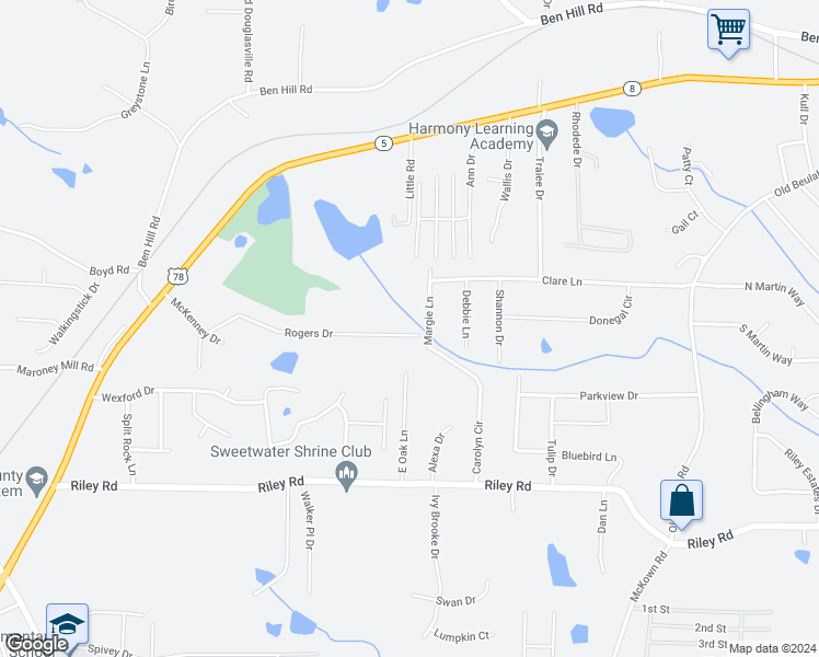 map of restaurants, bars, coffee shops, grocery stores, and more near 3500 Rogers Drive in Douglasville