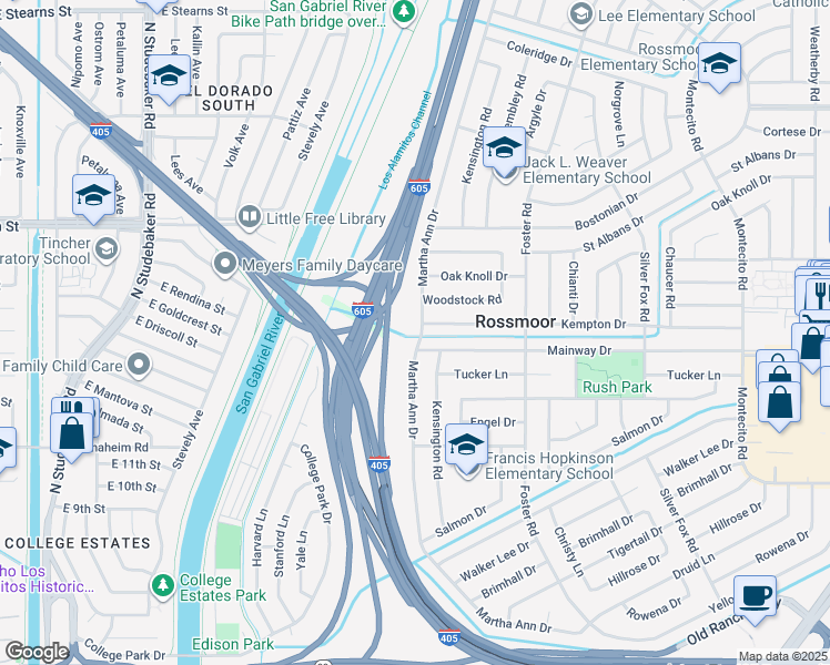 map of restaurants, bars, coffee shops, grocery stores, and more near 12231 Martha Ann Drive in Los Alamitos
