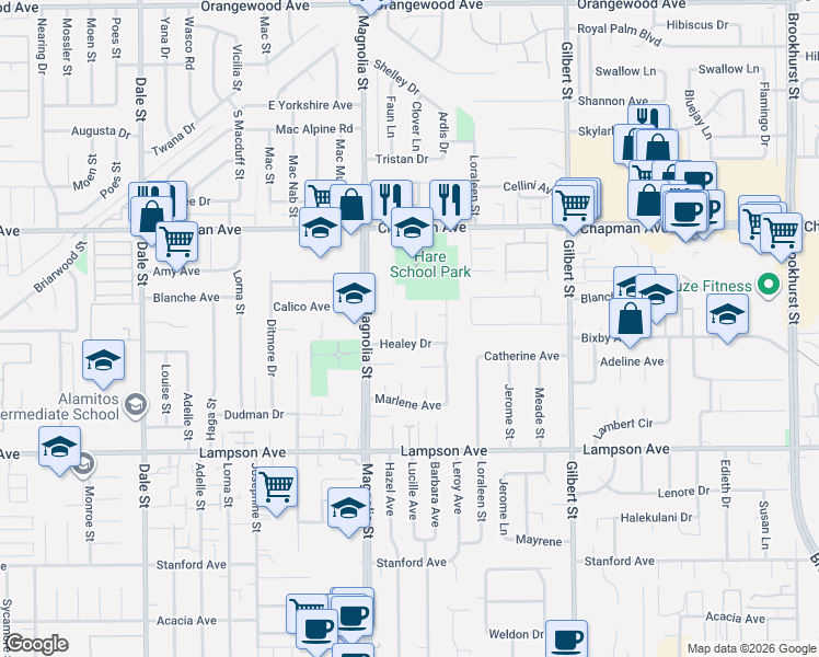 map of restaurants, bars, coffee shops, grocery stores, and more near 9102 Healey Drive in Garden Grove