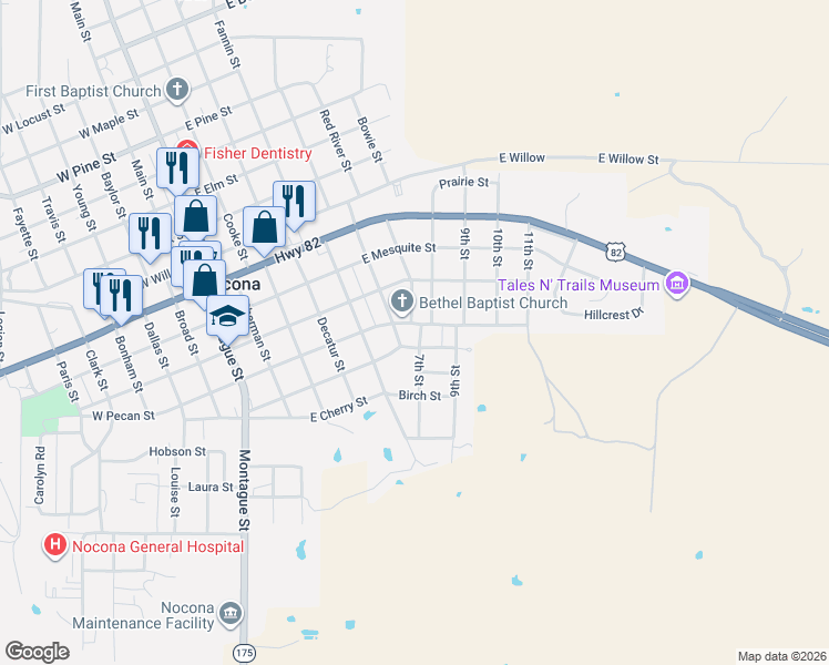 map of restaurants, bars, coffee shops, grocery stores, and more near 500 East Hickory Street in Nocona