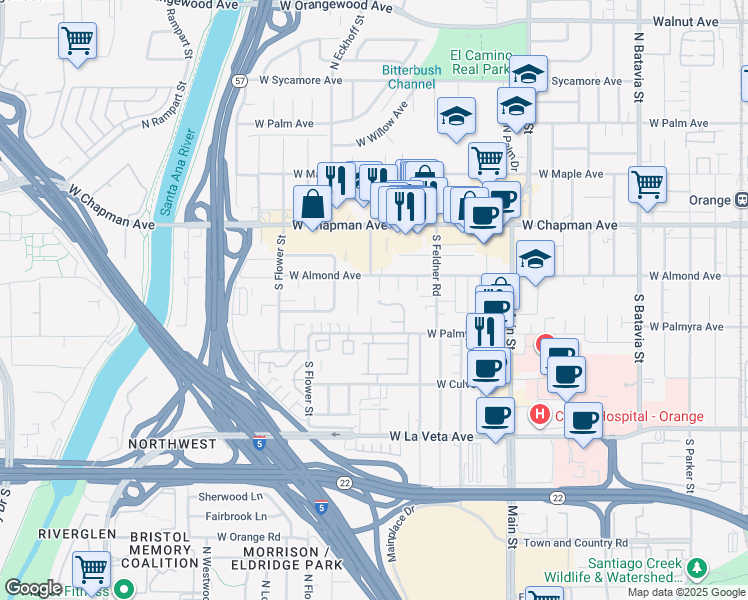 map of restaurants, bars, coffee shops, grocery stores, and more near 1917 West Las Palmas Circle in Orange