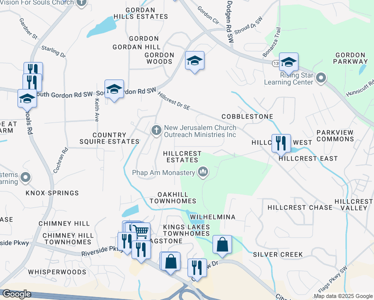 map of restaurants, bars, coffee shops, grocery stores, and more near 6971 ⛉ Bonnes Boulevard in Austell