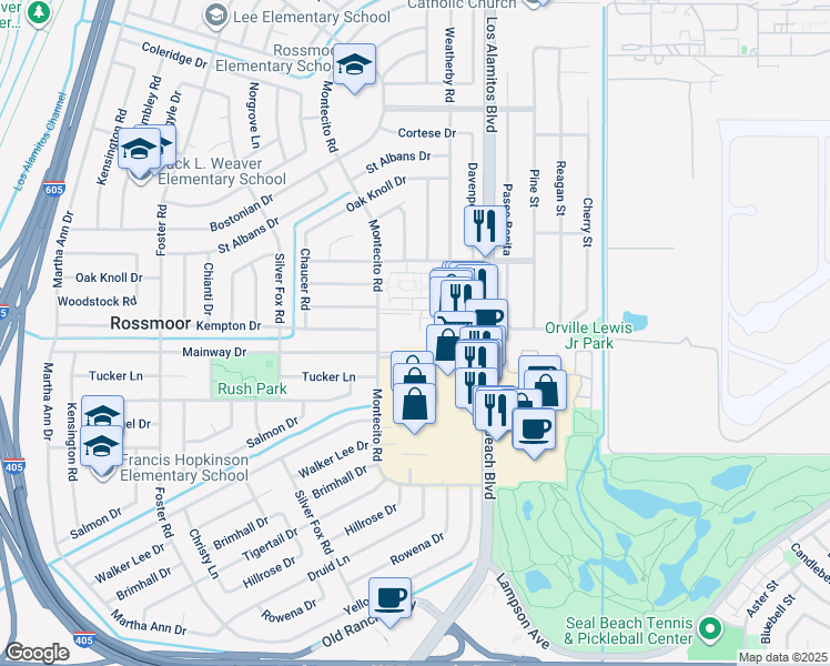 map of restaurants, bars, coffee shops, grocery stores, and more near 12200 Montecito Road in Seal Beach