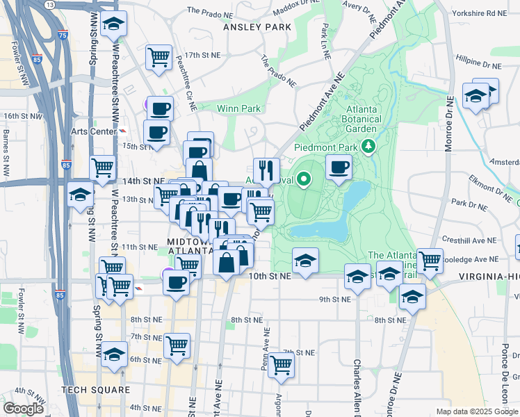 map of restaurants, bars, coffee shops, grocery stores, and more near 242 12th Street Northeast in Atlanta