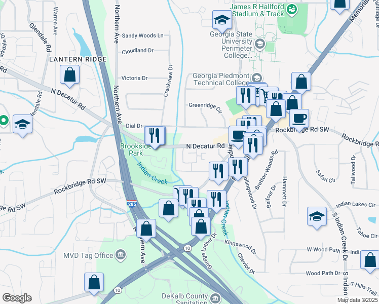 map of restaurants, bars, coffee shops, grocery stores, and more near 3799 North Decatur Road in Decatur