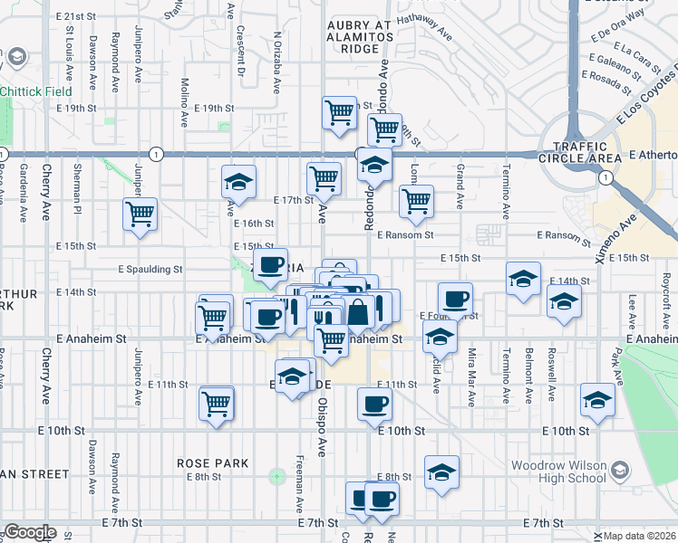 map of restaurants, bars, coffee shops, grocery stores, and more near 1445 Coronado Avenue in Long Beach