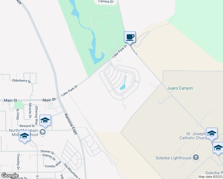 map of restaurants, bars, coffee shops, grocery stores, and more near 2230 Lake Park Drive in San Jacinto