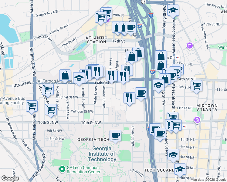map of restaurants, bars, coffee shops, grocery stores, and more near 1100 Holly Street Northwest in Atlanta