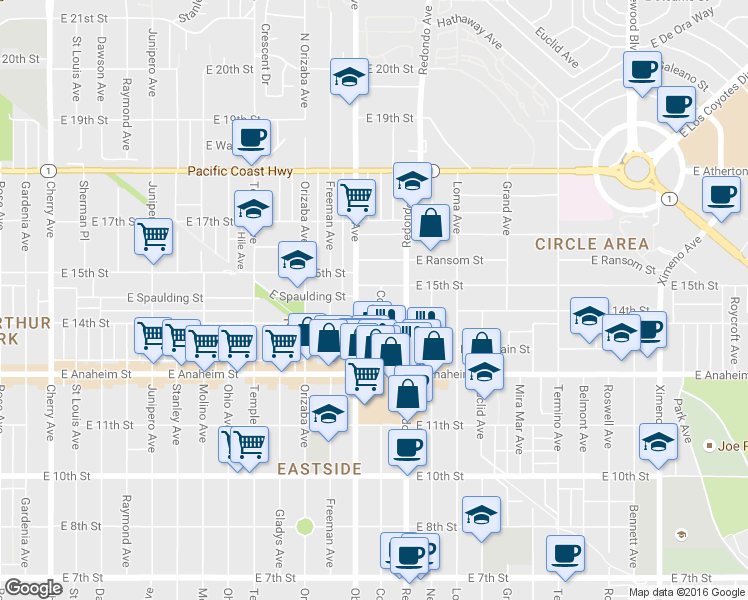 map of restaurants, bars, coffee shops, grocery stores, and more near 1445 Coronado Avenue in Long Beach
