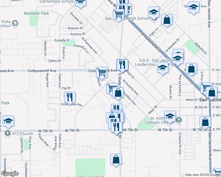 map of restaurants, bars, coffee shops, grocery stores, and more near 491 North Scovell Avenue in San Jacinto