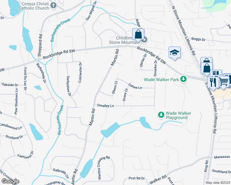 map of restaurants, bars, coffee shops, grocery stores, and more near 462 Ohern Court in Stone Mountain