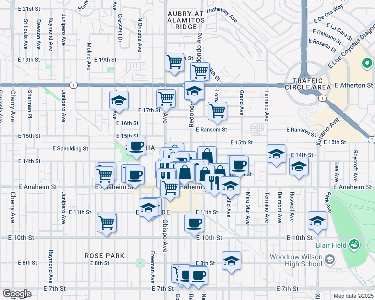 map of restaurants, bars, coffee shops, grocery stores, and more near 1447 Redondo Avenue in Long Beach