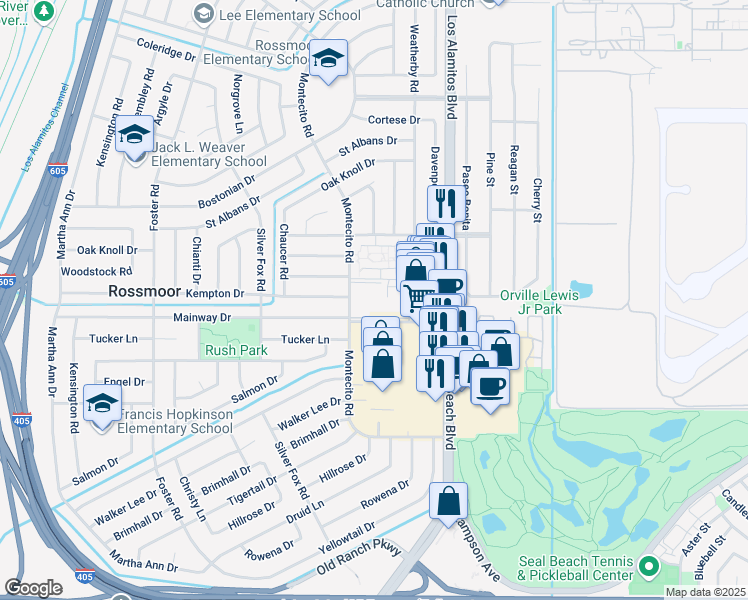 map of restaurants, bars, coffee shops, grocery stores, and more near 12100 Montecito Road in Los Alamitos