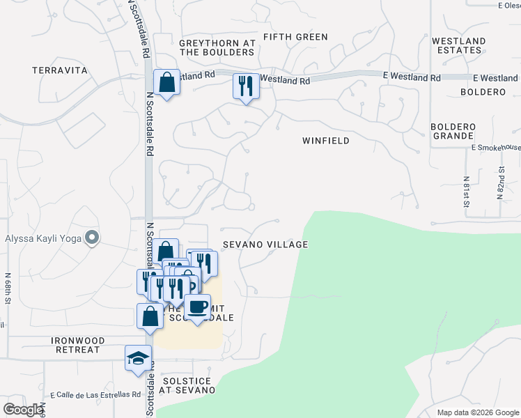 map of restaurants, bars, coffee shops, grocery stores, and more near 7480 East Sunset Sky Circle in Scottsdale