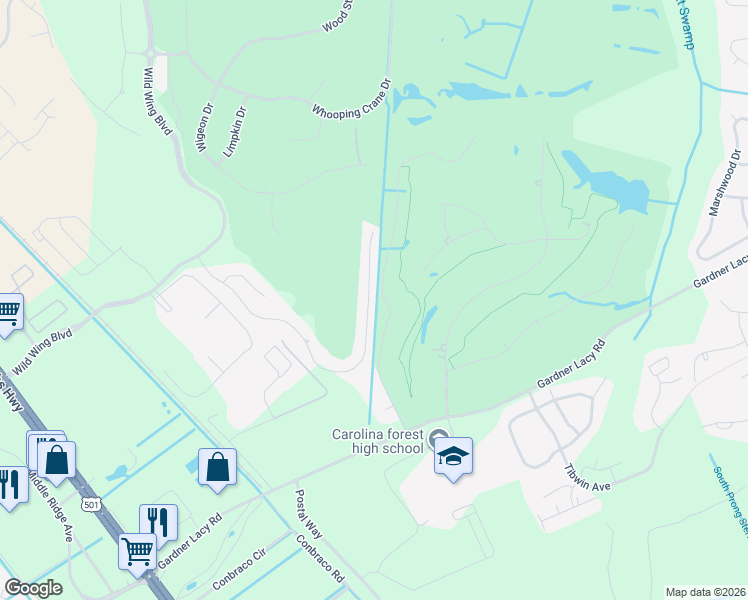 map of restaurants, bars, coffee shops, grocery stores, and more near 2806 Sanctuary Boulevard in Conway