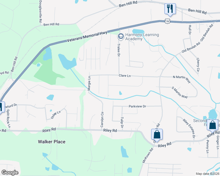 map of restaurants, bars, coffee shops, grocery stores, and more near 4487 Donegal Circle in Lithia Springs
