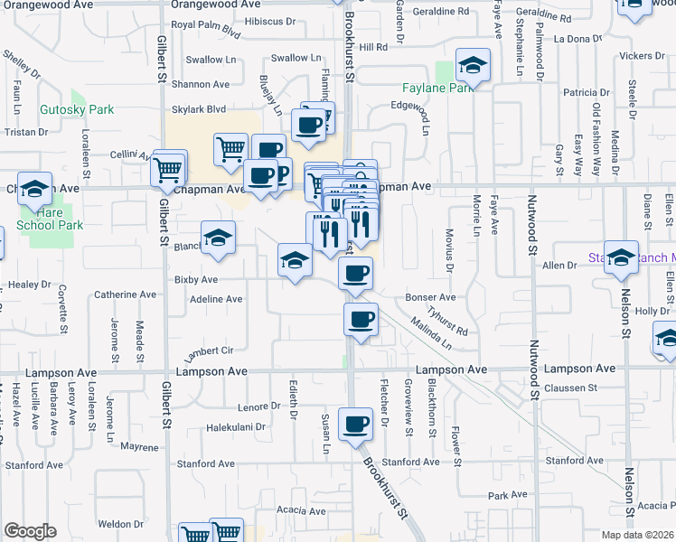 map of restaurants, bars, coffee shops, grocery stores, and more near 12221 Brookhurst Street in Garden Grove
