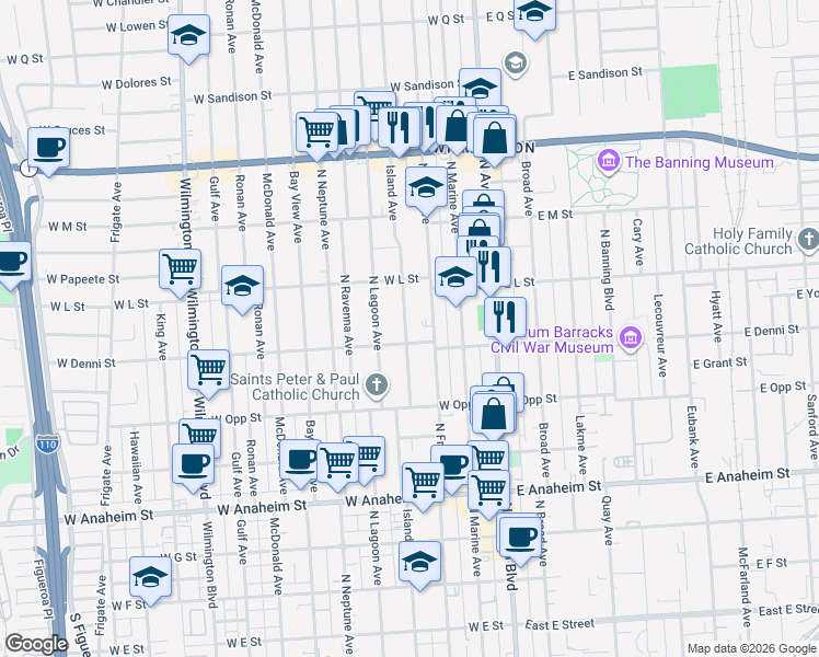 map of restaurants, bars, coffee shops, grocery stores, and more near 1112 Island Avenue in Los Angeles