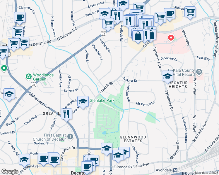 map of restaurants, bars, coffee shops, grocery stores, and more near 1225 Church Street in Decatur