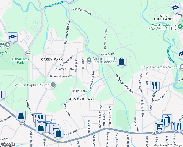 map of restaurants, bars, coffee shops, grocery stores, and more near 1112 Lookout Avenue Northwest in Atlanta