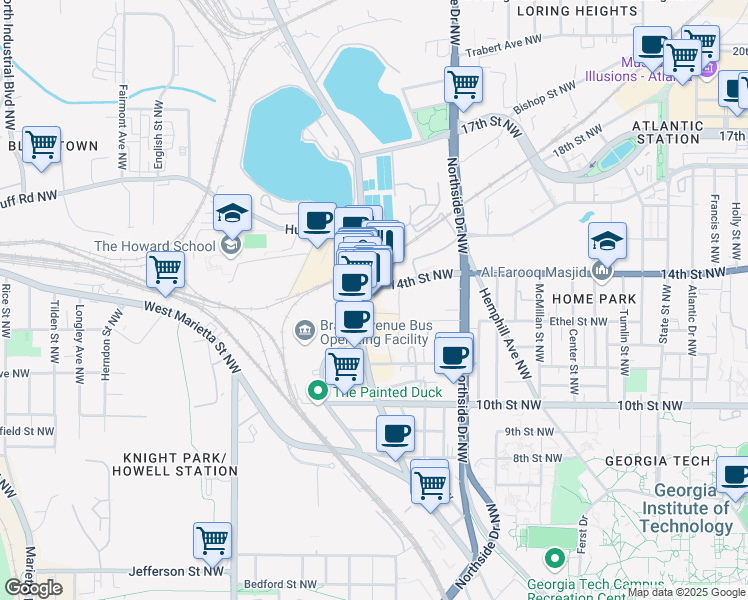 map of restaurants, bars, coffee shops, grocery stores, and more near 691 14th Street Northwest in Atlanta
