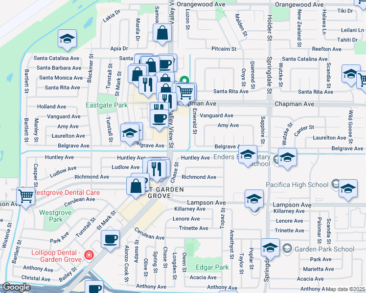 map of restaurants, bars, coffee shops, grocery stores, and more near in Garden Grove