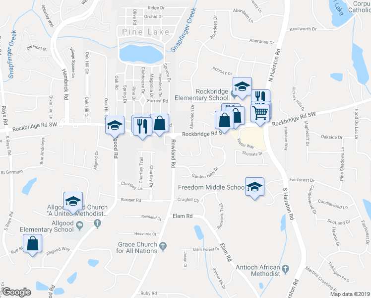 map of restaurants, bars, coffee shops, grocery stores, and more near 437 Saint Ives Square in Stone Mountain