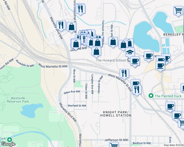 map of restaurants, bars, coffee shops, grocery stores, and more near 1122 West Marietta Street Northwest in Atlanta