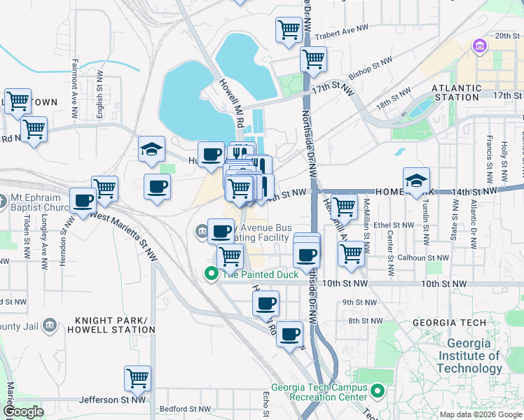 map of restaurants, bars, coffee shops, grocery stores, and more near 1 Interlock Avenue Northwest in Atlanta