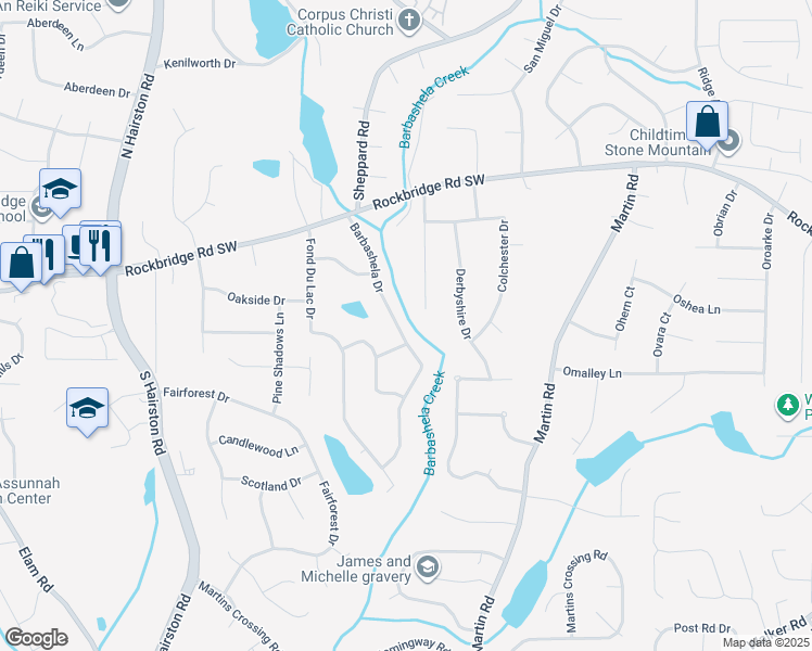 map of restaurants, bars, coffee shops, grocery stores, and more near 392 Barbashela Drive in Stone Mountain