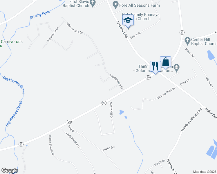 map of restaurants, bars, coffee shops, grocery stores, and more near 2040 Meadowglen Lane in Loganville