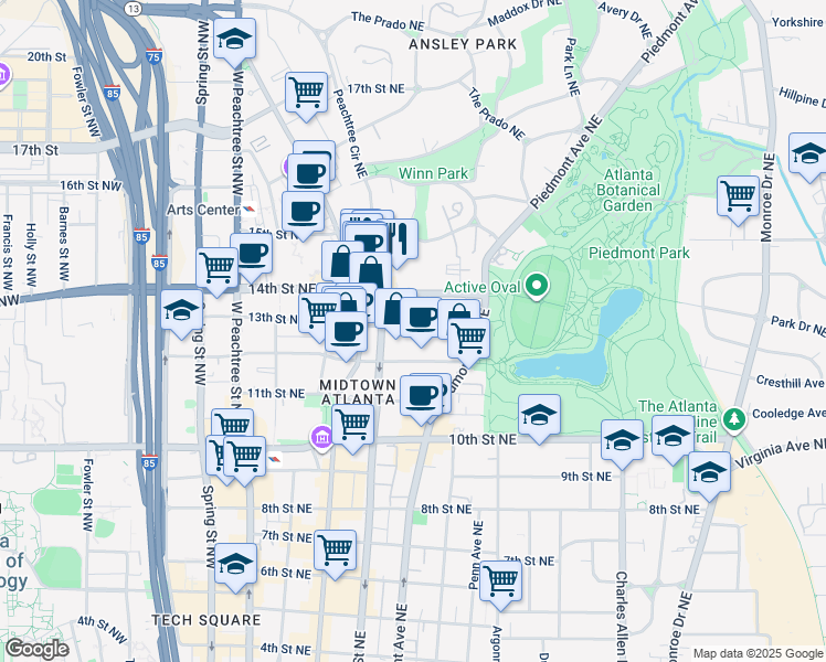 map of restaurants, bars, coffee shops, grocery stores, and more near 195 14th Street Northeast in Atlanta