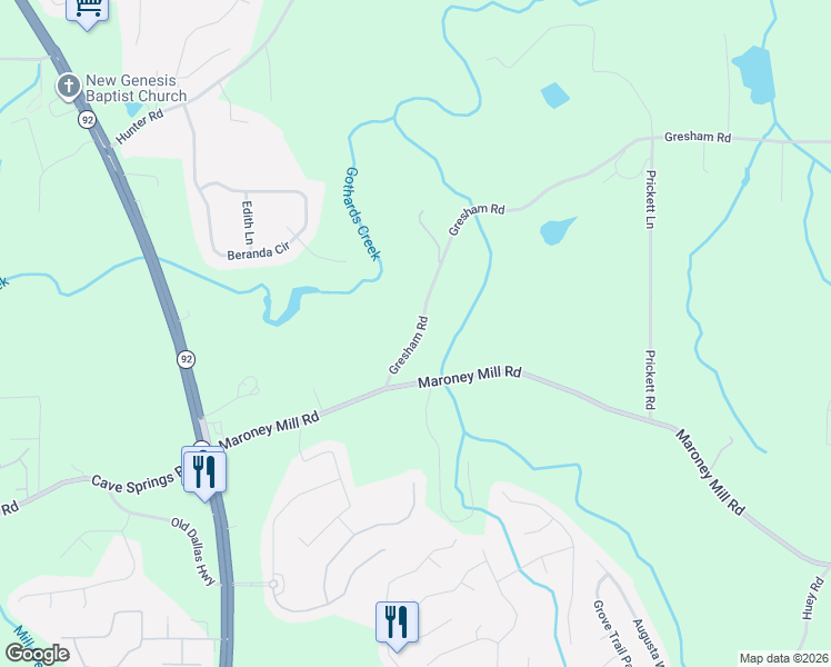 map of restaurants, bars, coffee shops, grocery stores, and more near 5121 Gresham Road in Douglasville