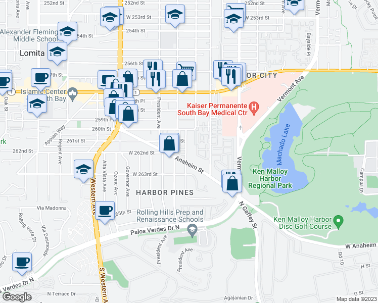 map of restaurants, bars, coffee shops, grocery stores, and more near 26120 Belle Porte Avenue in Los Angeles