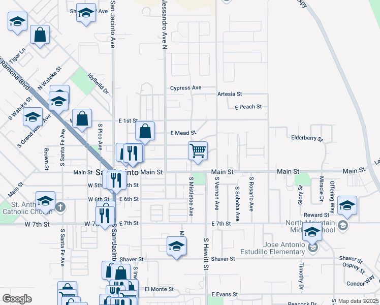 map of restaurants, bars, coffee shops, grocery stores, and more near 315 South Mistletoe Avenue in San Jacinto