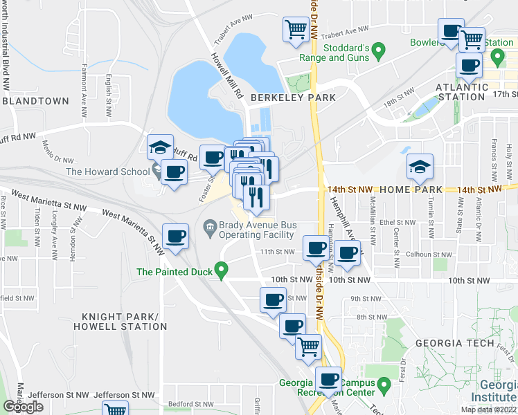 map of restaurants, bars, coffee shops, grocery stores, and more near 691 14th Street Northwest in Atlanta
