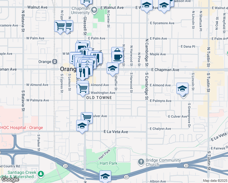 map of restaurants, bars, coffee shops, grocery stores, and more near 236 South Shaffer Street in Orange