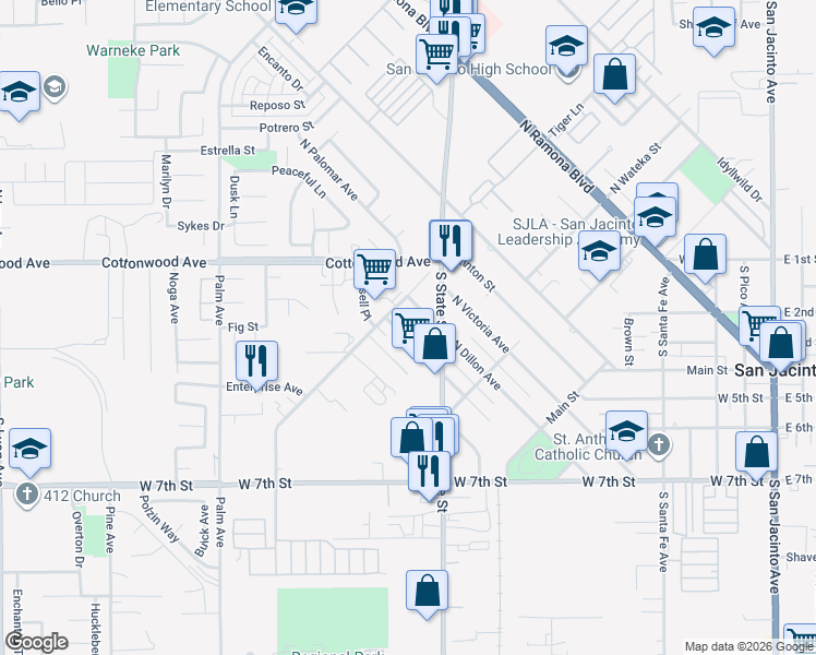 map of restaurants, bars, coffee shops, grocery stores, and more near 491 North Scovell Avenue in San Jacinto