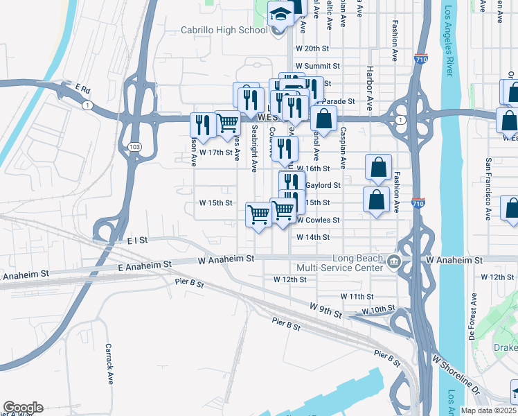 map of restaurants, bars, coffee shops, grocery stores, and more near 1495 Seabright Avenue in Long Beach