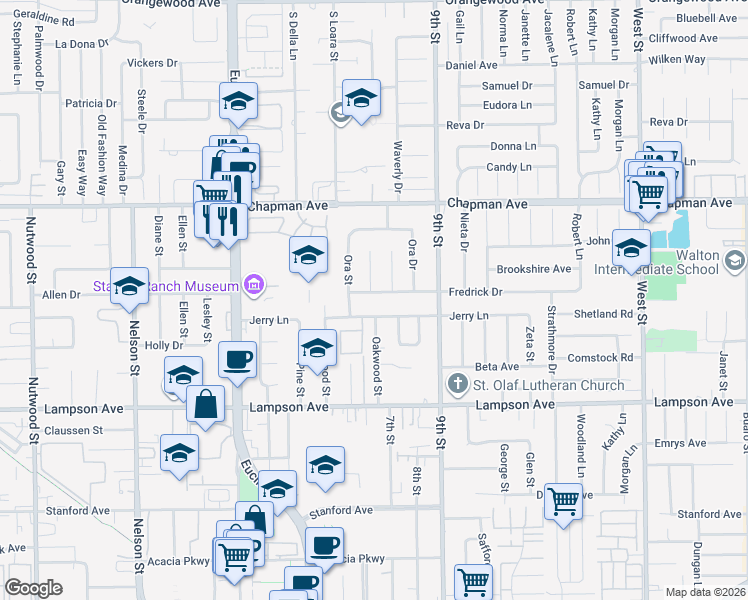map of restaurants, bars, coffee shops, grocery stores, and more near 11312 Fredrick Drive in Garden Grove