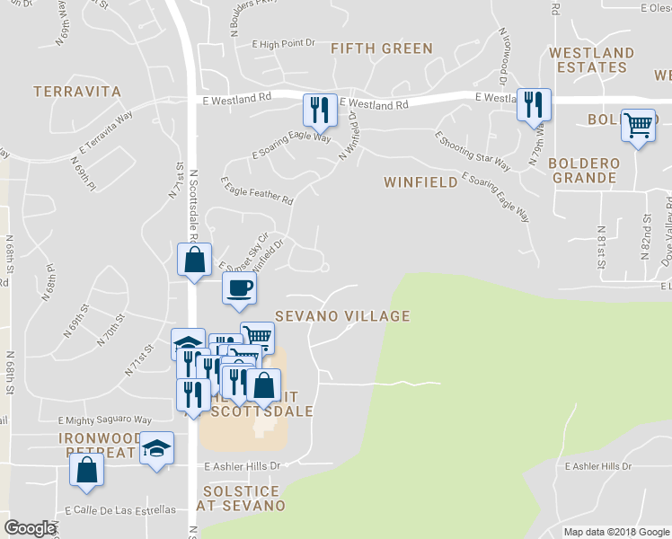 map of restaurants, bars, coffee shops, grocery stores, and more near 7480 East Sunset Sky Circle in Scottsdale
