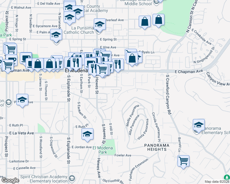 map of restaurants, bars, coffee shops, grocery stores, and more near 4741 East Washington Avenue in Orange