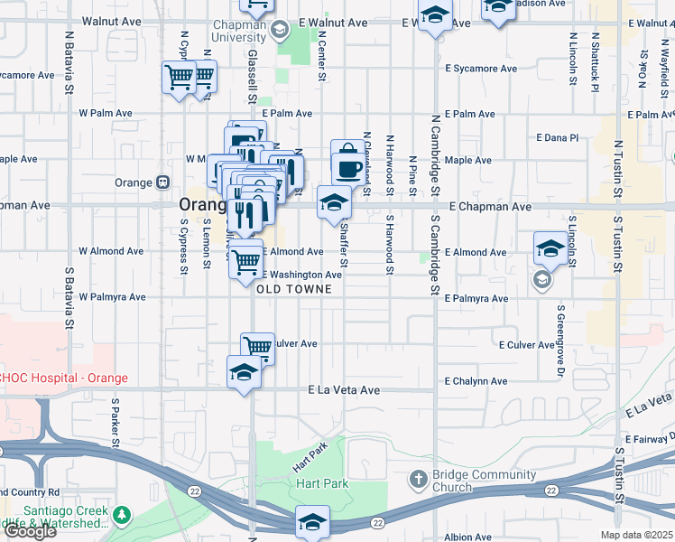 map of restaurants, bars, coffee shops, grocery stores, and more near 440 East Almond Avenue in Orange
