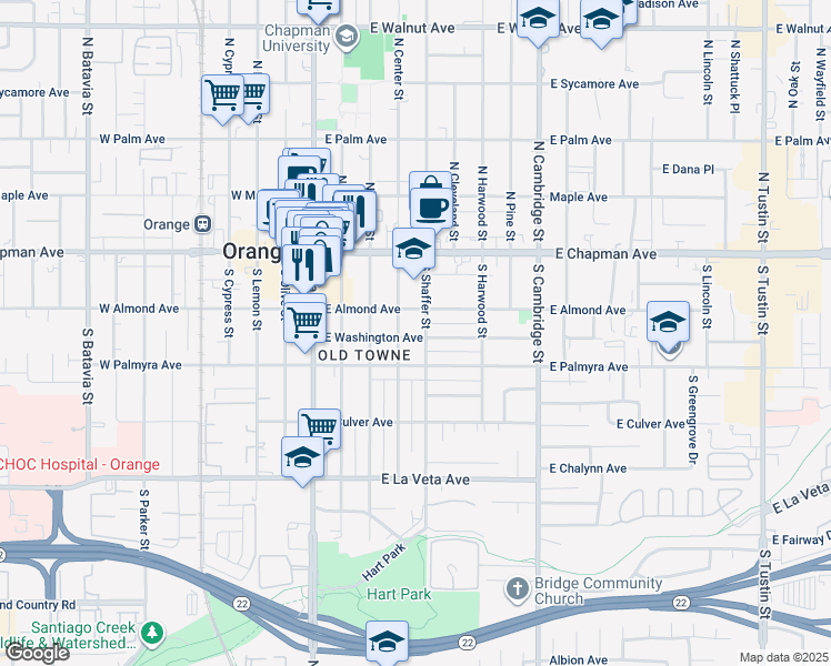 map of restaurants, bars, coffee shops, grocery stores, and more near 440 East Almond Avenue in Orange