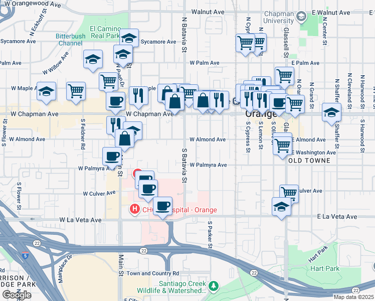 map of restaurants, bars, coffee shops, grocery stores, and more near 206 South Clark Street in Orange